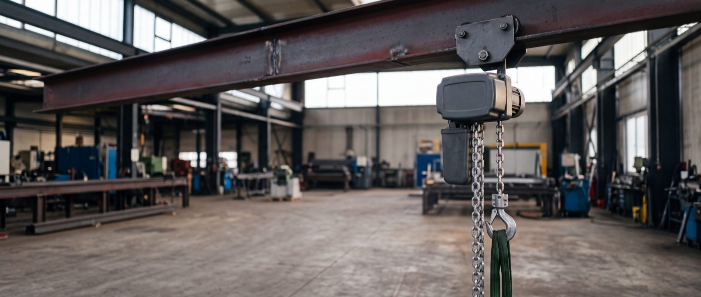 Elektrokettenzug mit grauem Gehäuse an einem Laufwerk, Lastkette und Haken hängen herab
