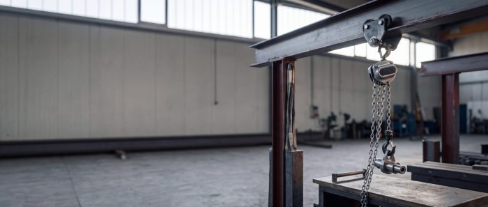Handkettenzug an einem Laufwerk auf einem Doppel-T-Träger hebt ein Frästeil über einer Werkbank