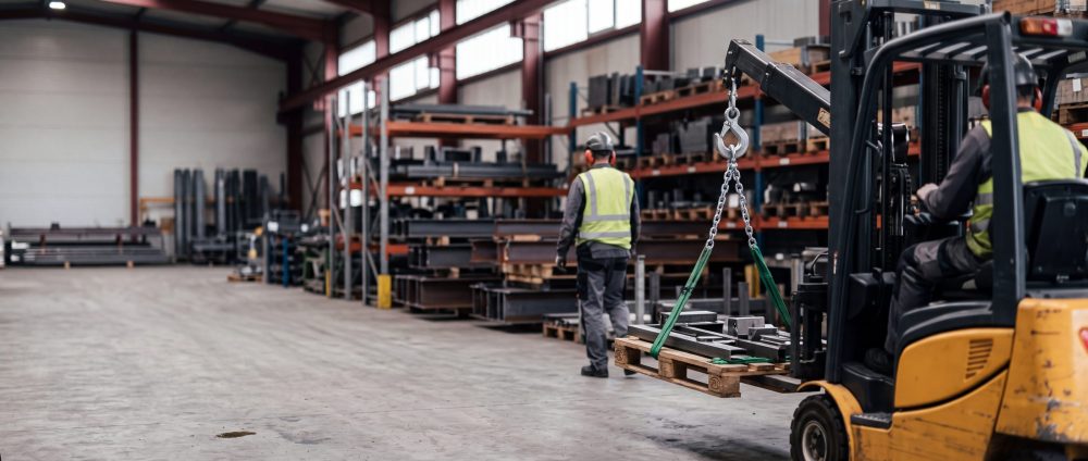 Stapler mit Kranarm hebt eine Palette mit Stahlteilen vor hohen Regalen, der Fahrer von hinten